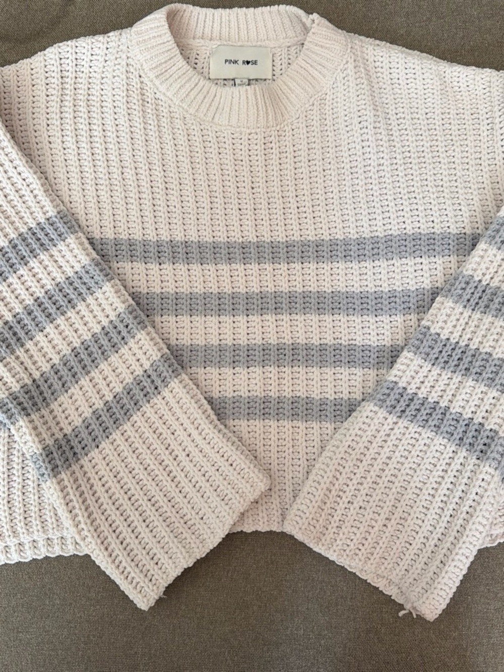 Pink Rose Cream Sweater with Light Gray Stripes
